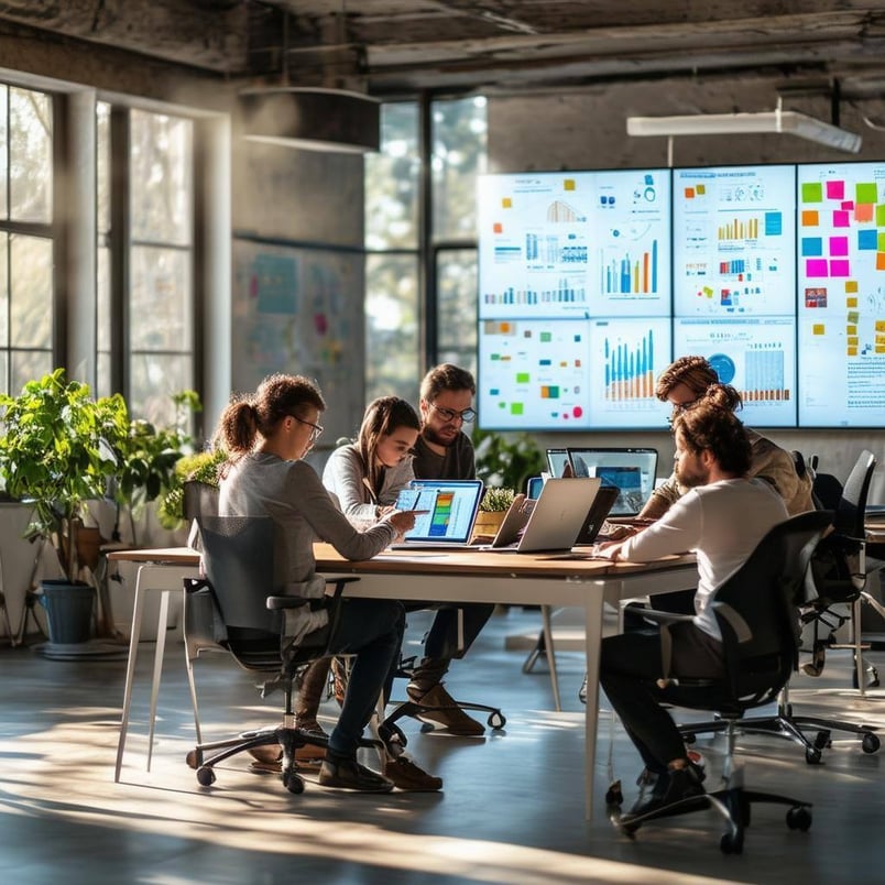 The image depicts a modern office space filled with natural light, featuring sleek desks and ergonomic chairs