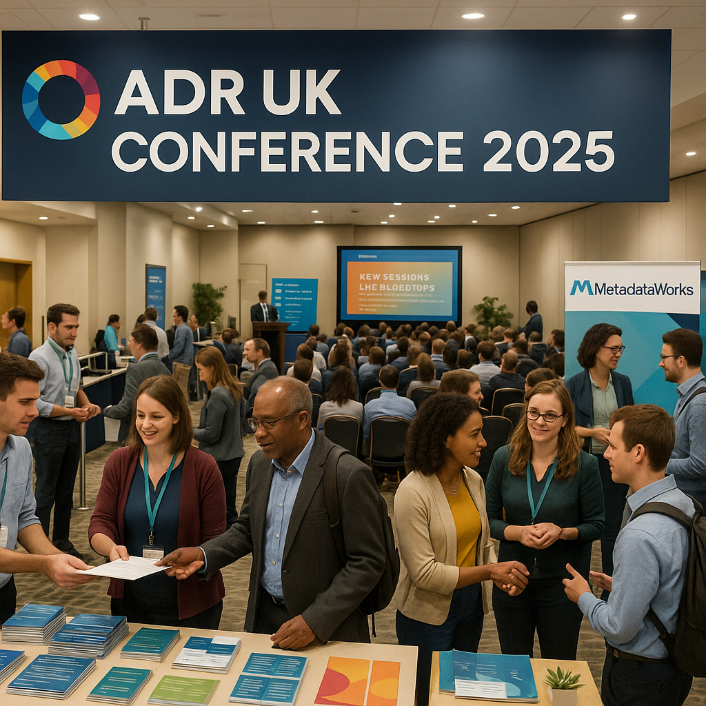 The image depicts a vibrant conference scene at the ADR UK Conference 2025 A large banner displaying the conference logo and the title ADR UK Conference 2025 hangs prominently above a bustling registration desk where attendees a diverse group of rese-1