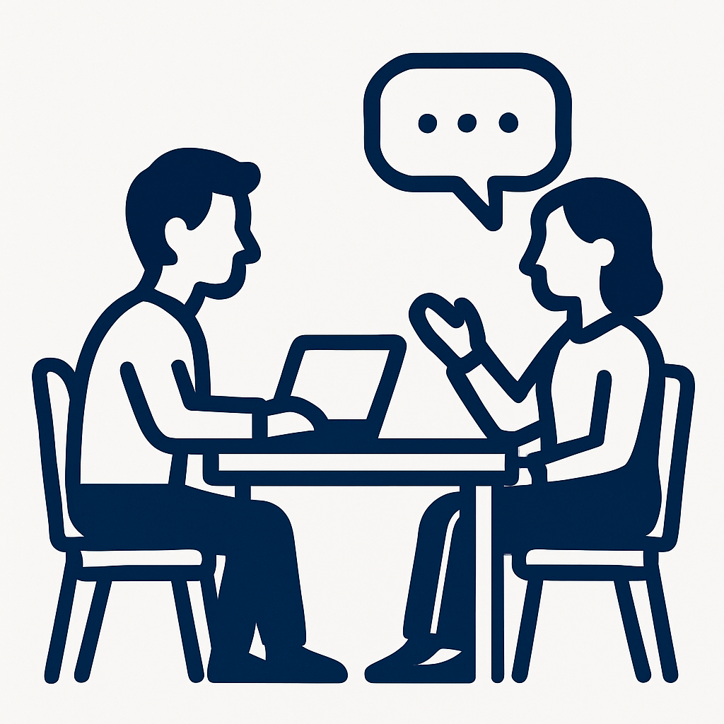 a diagram of two people having a meeting with a white background and dark blue characters